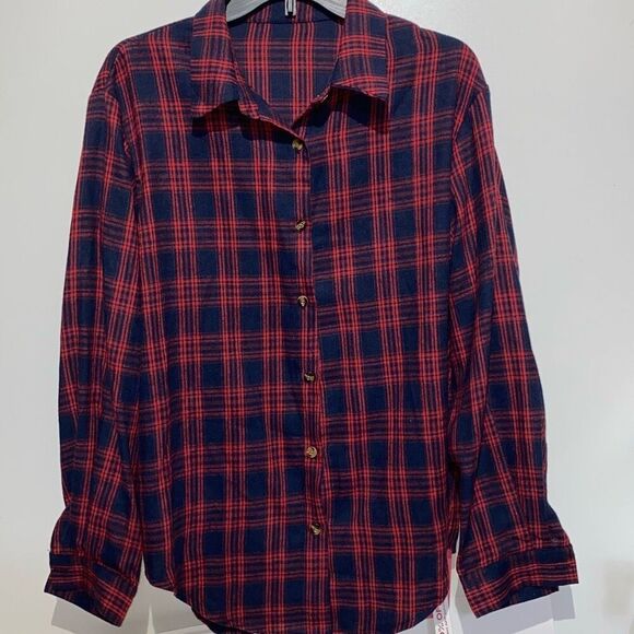 Romwe Women's Red Navy Plaid Long Sleeve Button Up Shirt Size 8/10 NWT - Picture 1 of 11